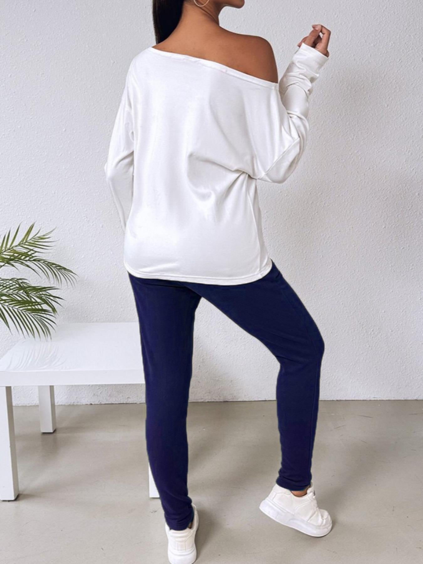 Spring Summer Fashion Contrast Slash Shoulder Casual Butterfly Decoration Long Sleeve Top Pants Two-Piece Set 4