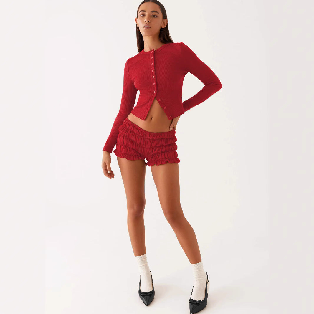 Spring and Summer Women's Solid Color Slim Long Button Cardigan Top 8