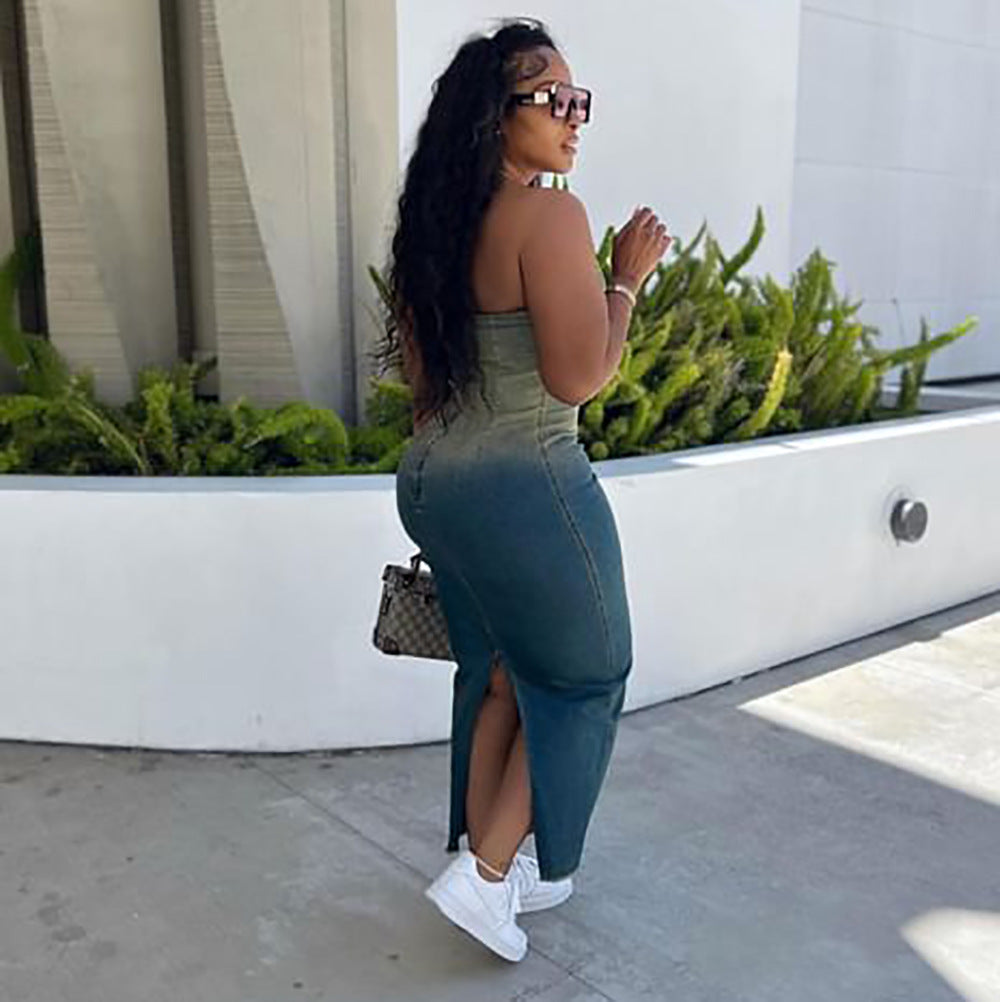 Women's Sexy Gradient Strapless Slit Bodycon Stretch Denim Dress 4