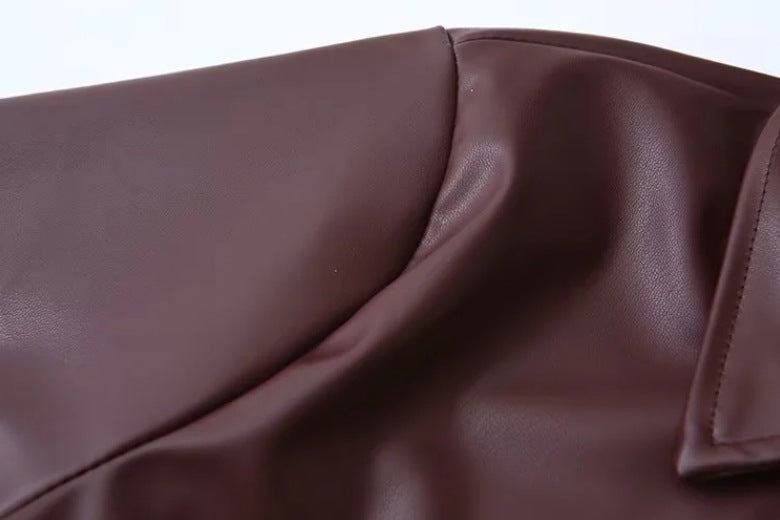 Women's Turndown Collar Button Pu Jacket Mini Skirt Two-Piece Set 21