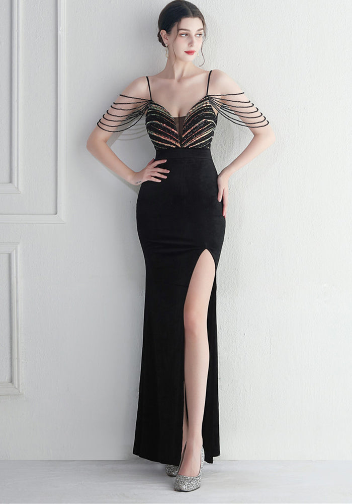 Women Velvet Sequined Annual Meeting Maxi Mermaid Evening Dress