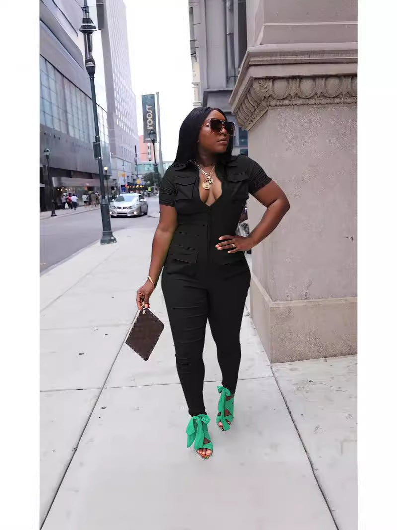 Solid Color Zipper Camo/Solid Color Pocket Women's Cargo Jumpsuit Fashion Casual Women's Clothing 10