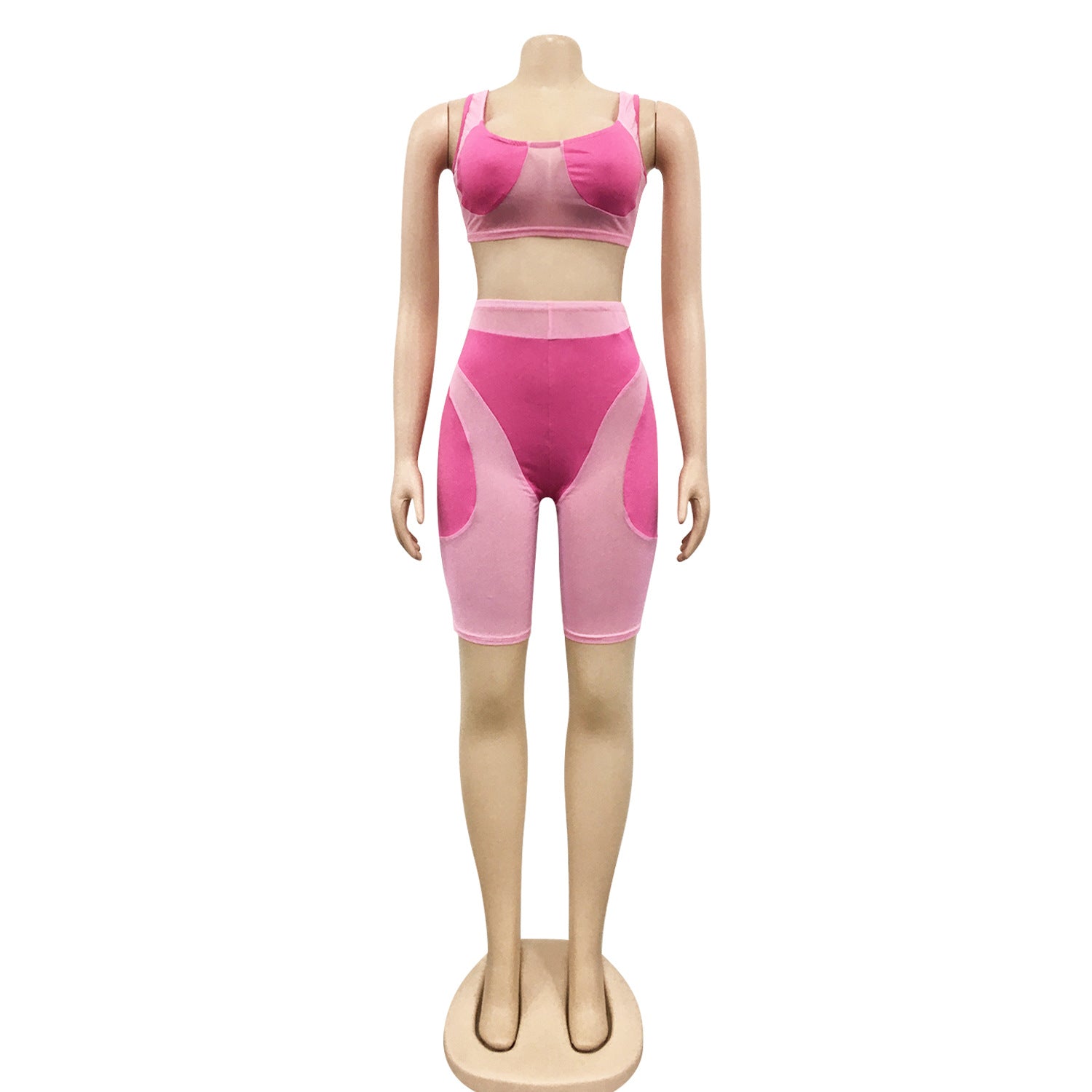 Women casual solid mesh color-blocking Top and Shorts Two Piece Set 15