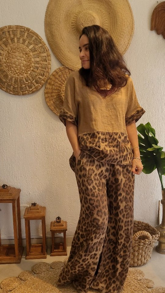 Women's Fashion Loose Patchwork Short-Sleeve Top & High-Waist Wide-Leg Pants Set 3