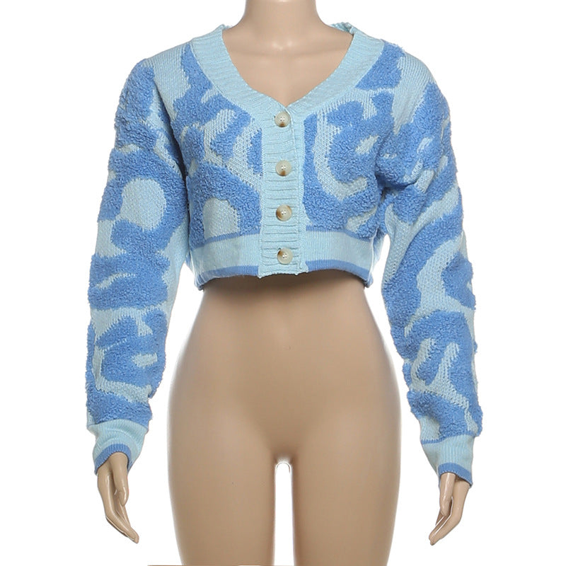 Autumn Fashion Color Matching V-Neck Buttoned High Waist Slim Women Knitting Top 30