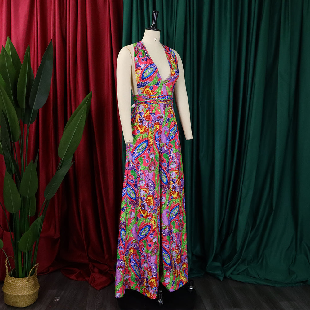 Plus Size Women African Print Halter Neck Beach Jumpsuit 16