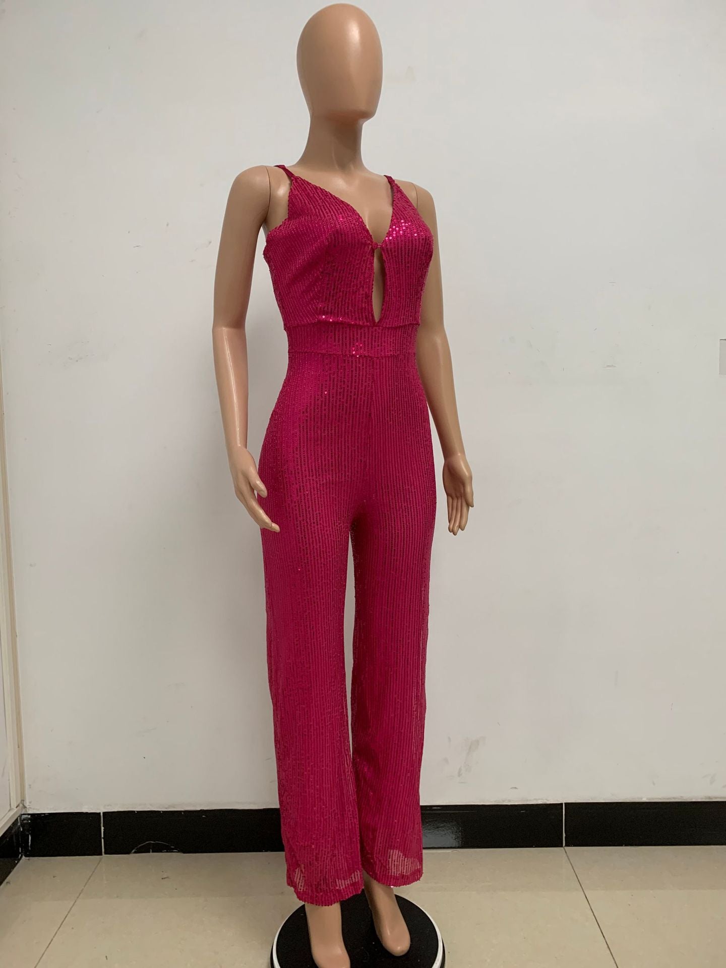 Deep V Neck Low Back Sleeveless Chic Sequined Straps Elegant Women's Party Jumpsuit 71