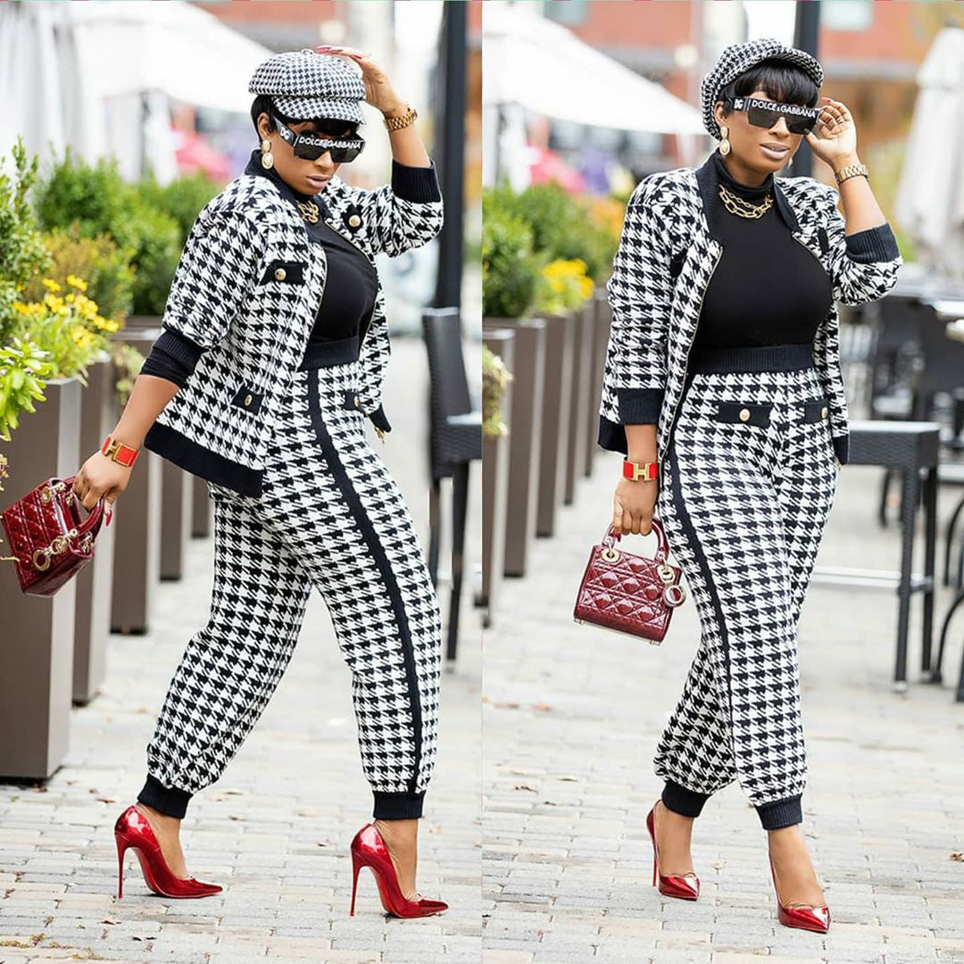 Women Casual long-sleeved Top and Pant houndstooth two-piece set 6