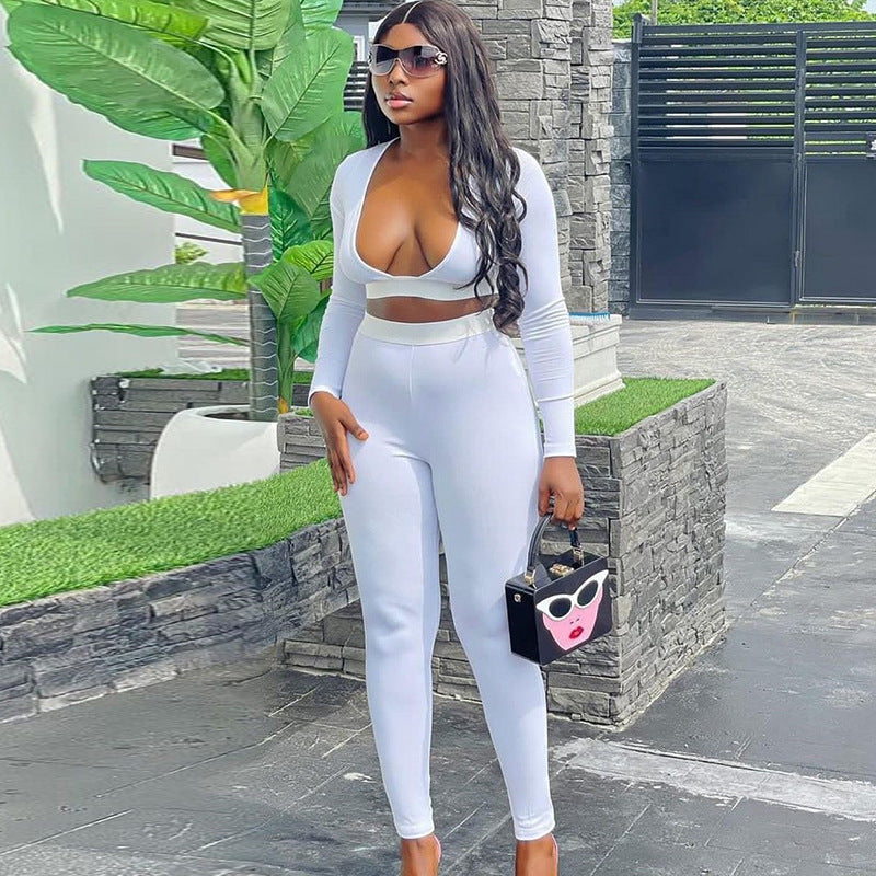 Women's Casual Sexy Solid Color Tight Slim Long Sleeve Top & Fitted Pants Set 3