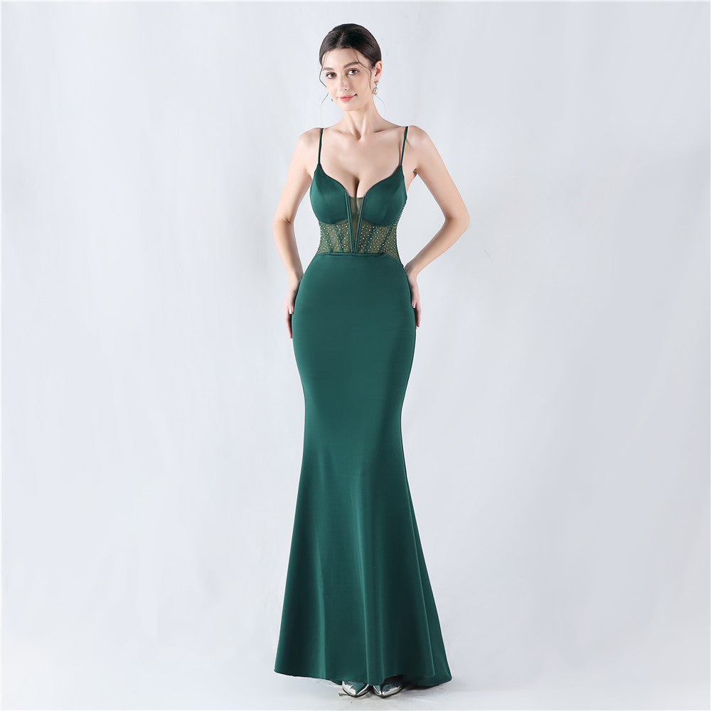 Women fishbone Fitted Mesh Beaded Bodycon fishtail evening dress 9