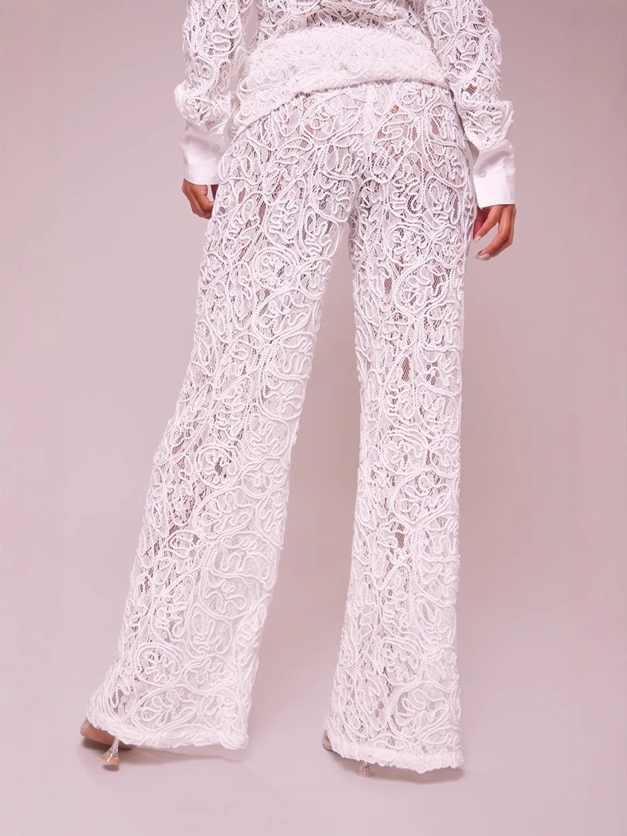 Autumn Slim Sexy Hollow Jacquard Lace Two Piece Pants Set 4