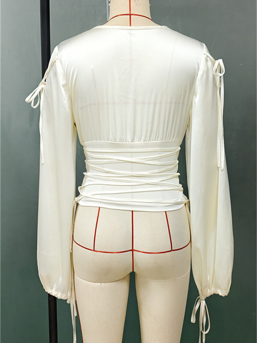 Autumn Long Sleeve Shirt High Elastic Satin Slim Waist Drawstring Women's Blouse 7