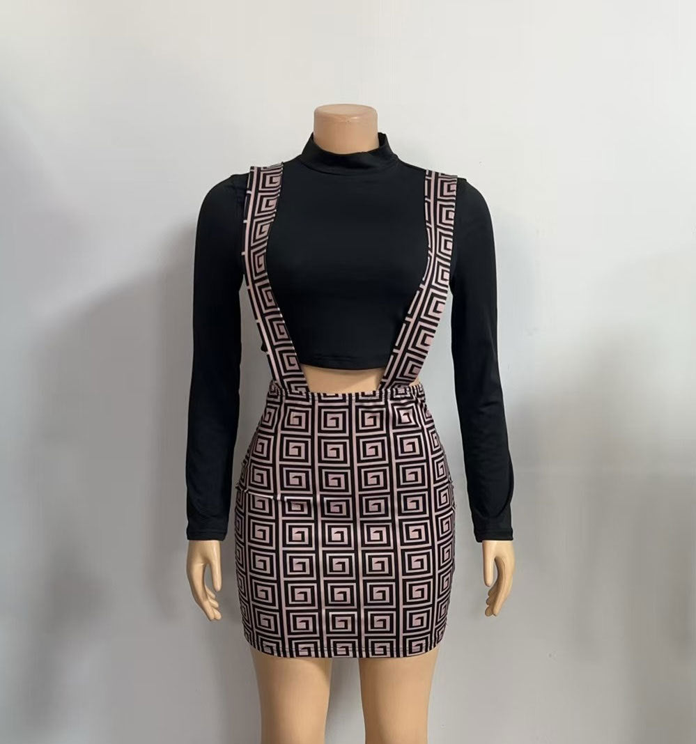 Women Half-high Neck Long Sleeve Crop Top Strap Skirt Two-piece Set 4