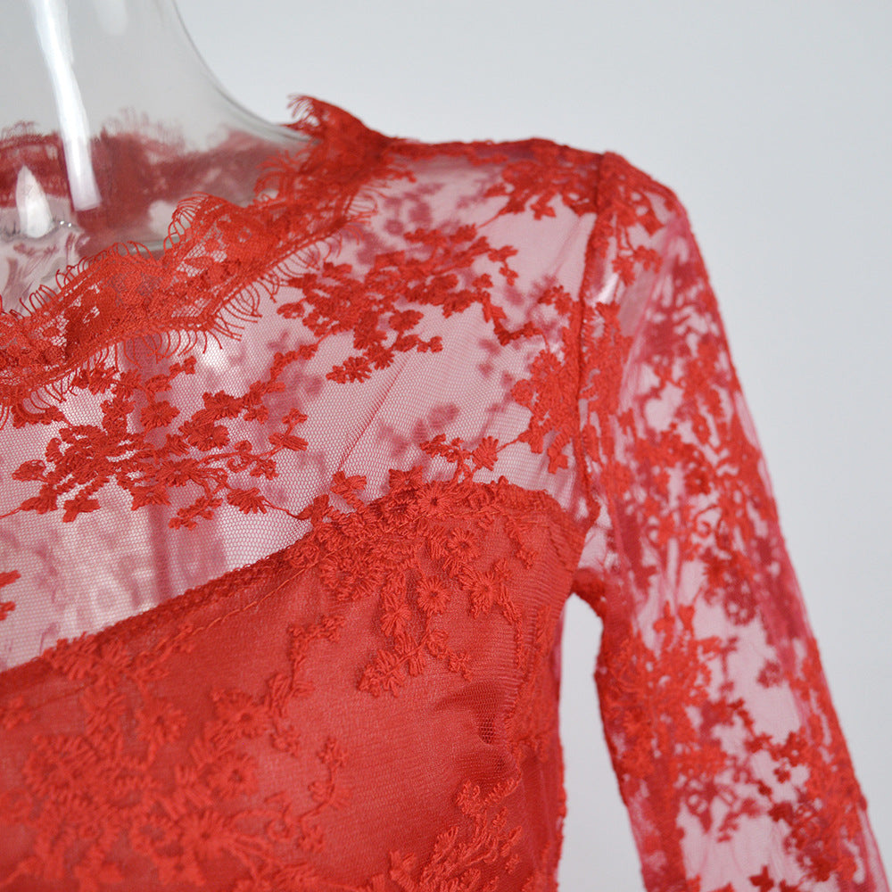 Autumn Women's Red Long Sleeve Lace See-Through Evening Gown 17