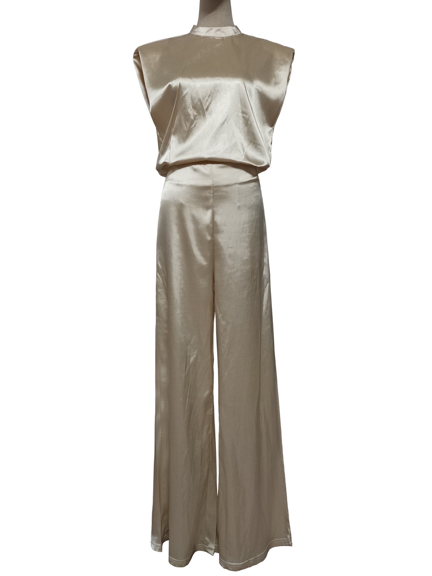 Summer women's clothing solid color Stand Collar sleeveless loose satin Low Back wide-leg jumpsuit 8
