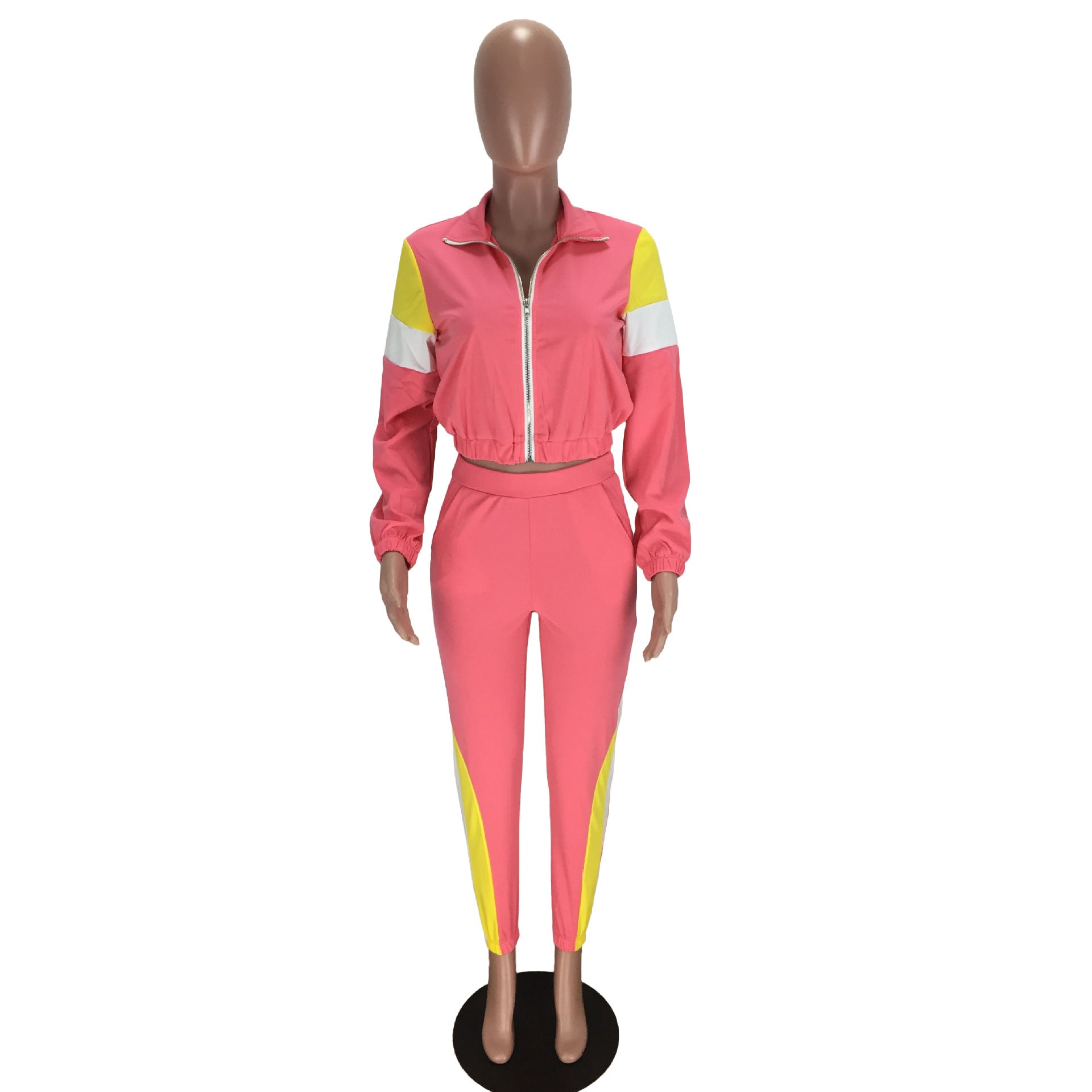 Women's Patchwork Sport Contrast Casual Tracksuit Two Piece Set 38