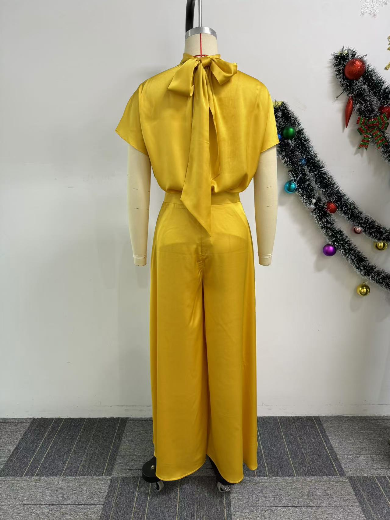 Satin Lace-Up Flying Sleeve Top Wide-Leg Pants Two-Piece Set 12