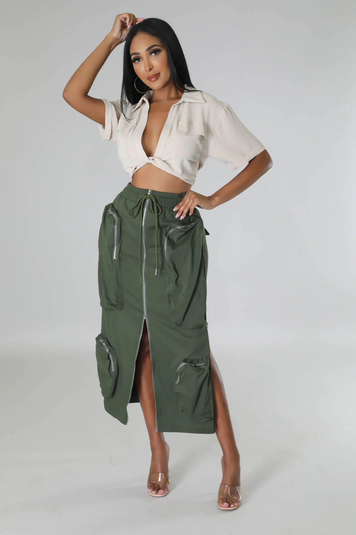 Plus Size Women Waist Cord Zipper Cargo Skirt 7