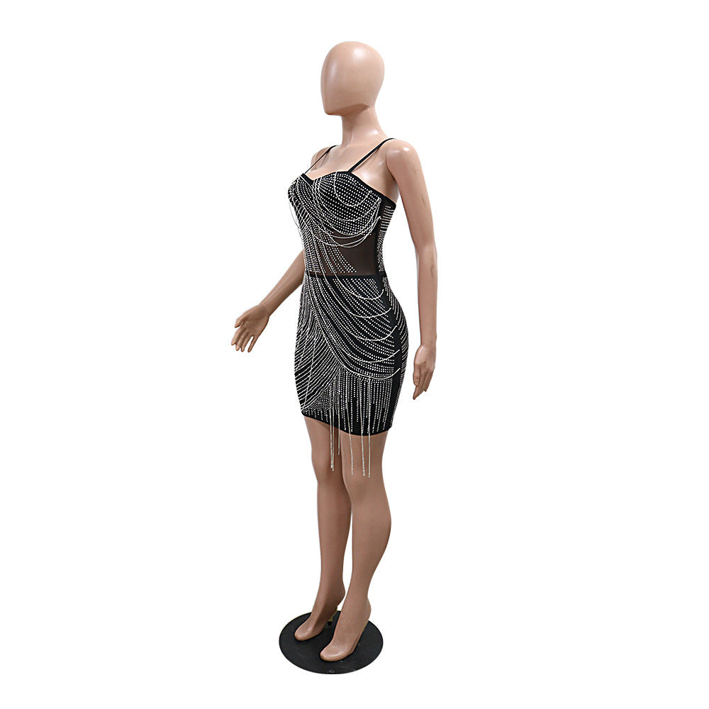 Women's Mesh Patchwork Sexy Strap Beaded Chain Party Dress 6