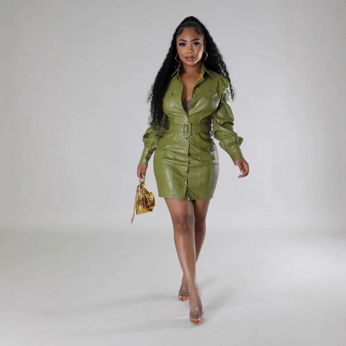 Women Pu Leather Long Sleeve Turndown Collar Dress 10