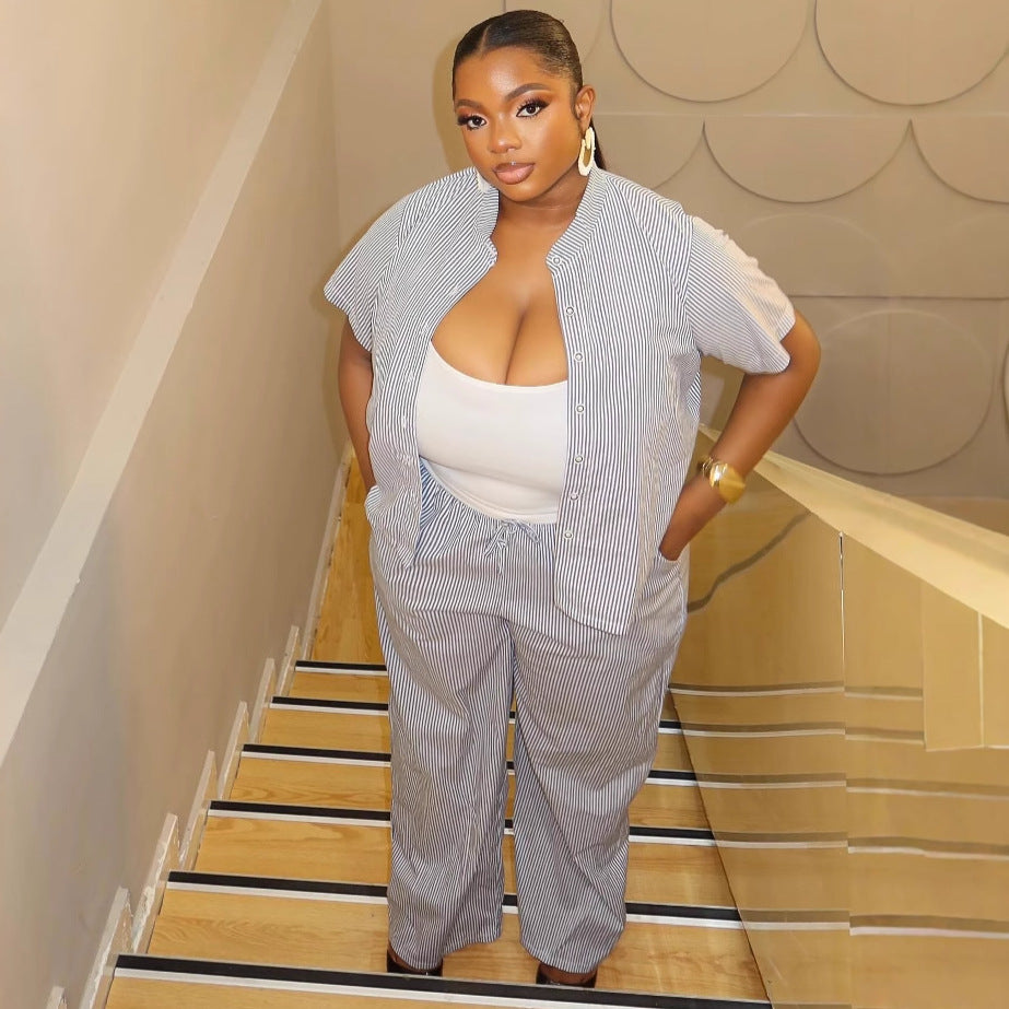 Africa Plus Size Fashion Casual Women Striped Turndown Collar Shirt Pants Trendy Two-piece Set 3