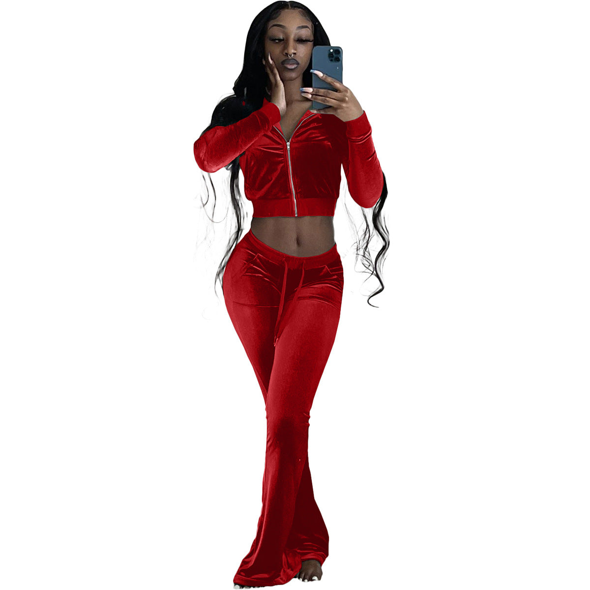 Women's Solid Color Velvet Long Sleeve Sexy Zipper Crop Top Pants Casual Sports Two Piece Set 25