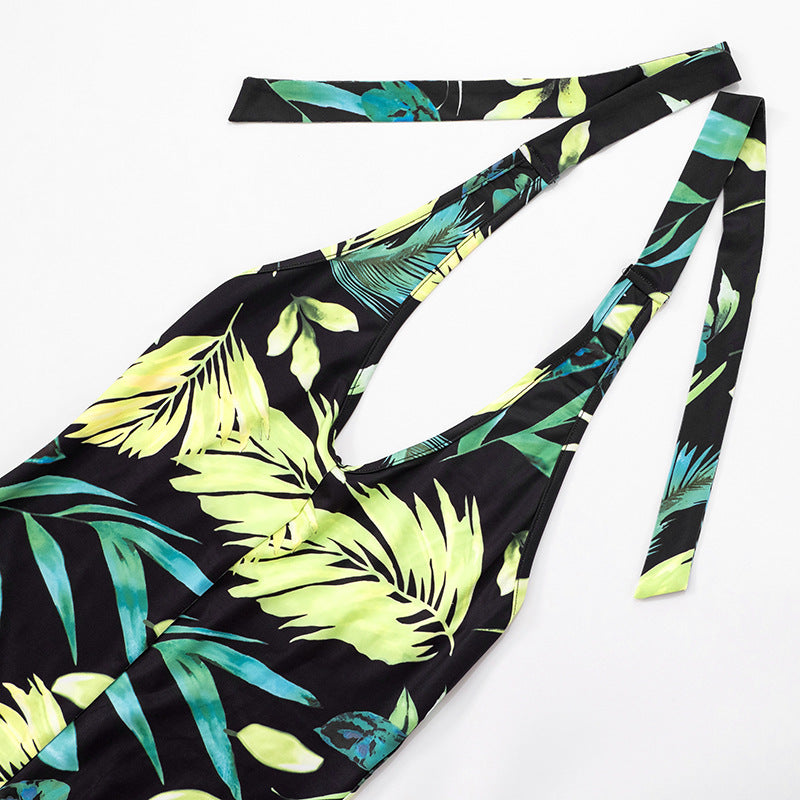 Women's Spring-Summer V-Neck Halter Lace-Up Leaf Print Flared Jumpsuit 8