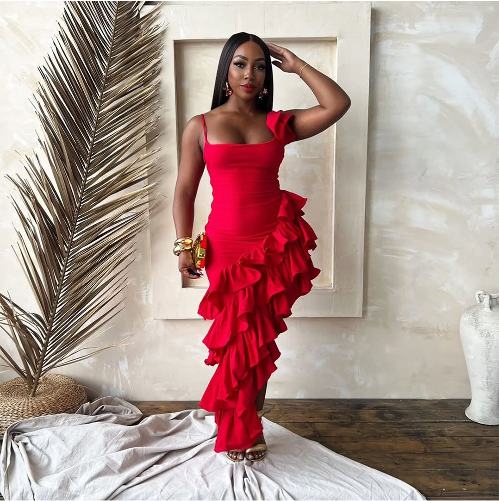 Summer Women's Solid Color Sexy Irregular Ruffle Straps Dress 7