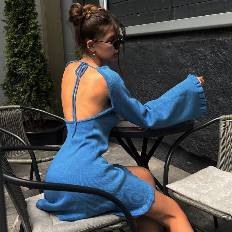 Winter Sexy Knitting Tie Low Back Bell Bottom Long Sleeve Solid Color Dress 3
