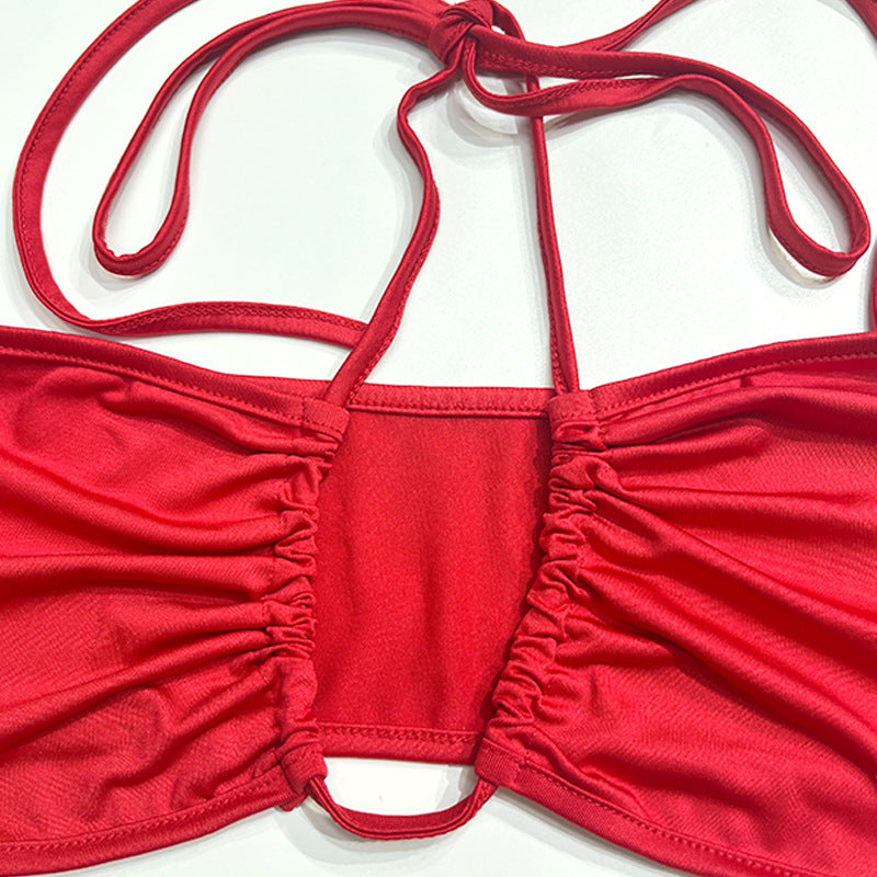 Women Sexy Tie-Wrap Chest Solid Top And Slit Skirt Two-piece Set 13