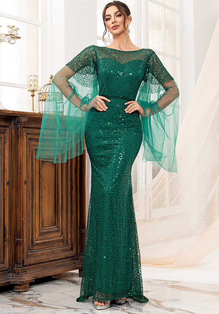 Low-Back Green Women's Long Sleeve Formal Party Sequin Fishtail Evening Dress