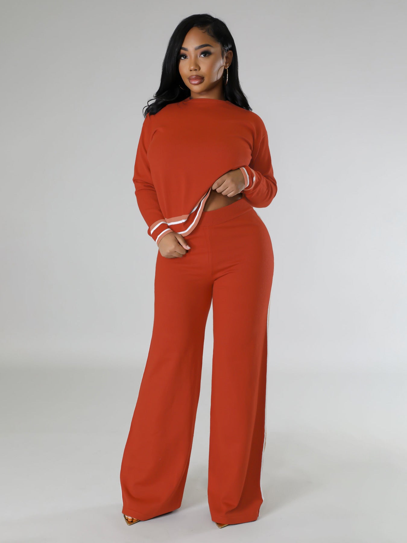 Women's Autumn And Winter Long-Sleeved Knitting Shirt Wide-Leg Trousers Casual Two-Piece Set 8