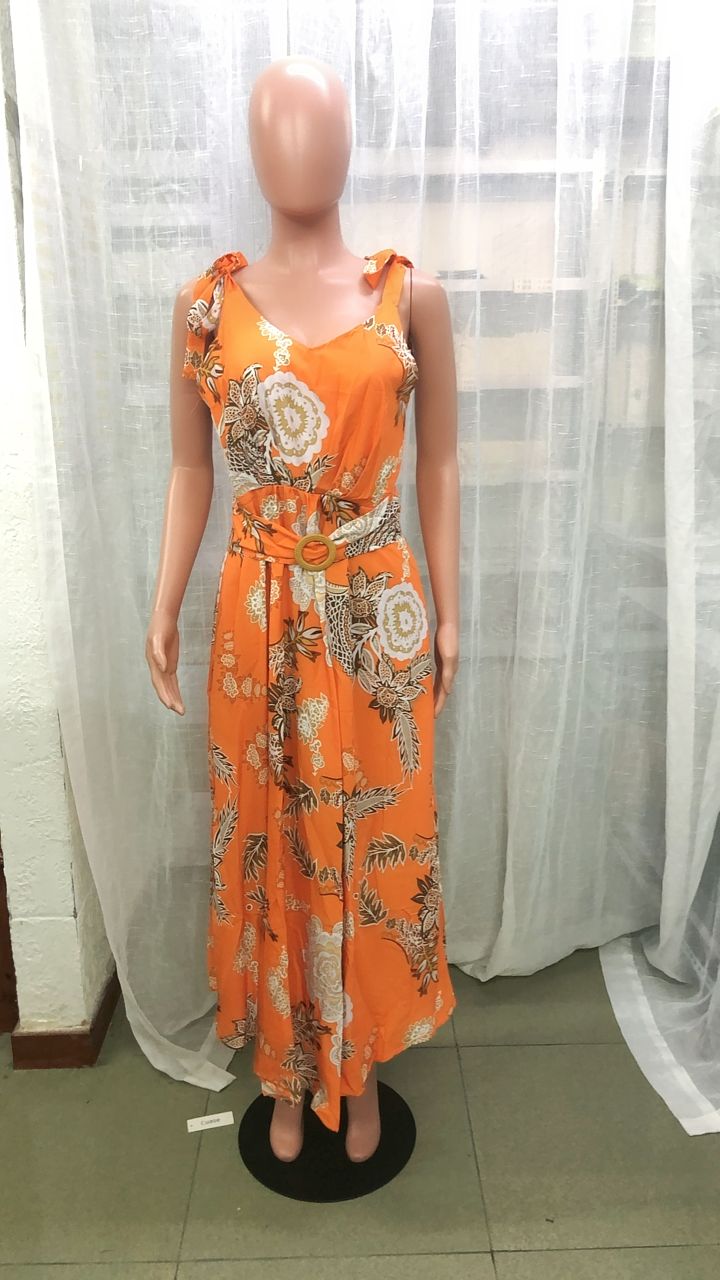 Women V-neck Sleeveless Print Belted Dress 4