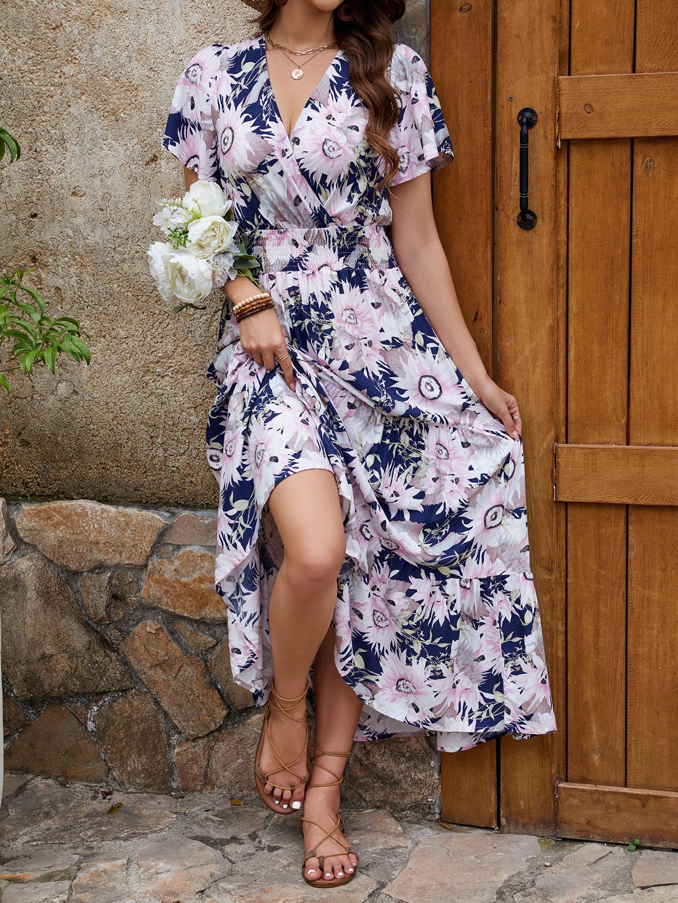 Women Printed V-Neck Short Sleeve Holidays Dress 3