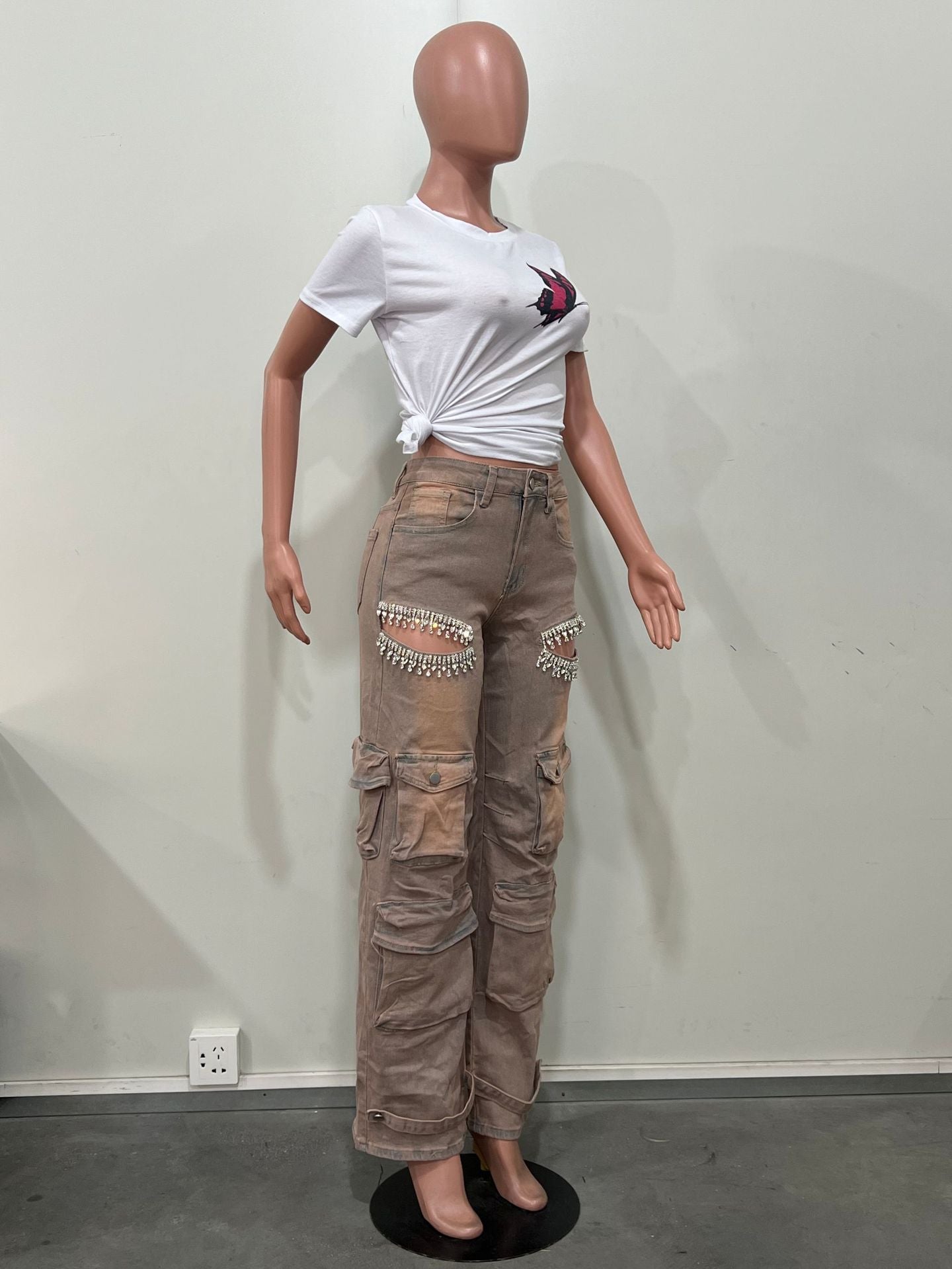 Fashionable Women's Multi-Pocket Cut Out Diamond Denim Pants 17