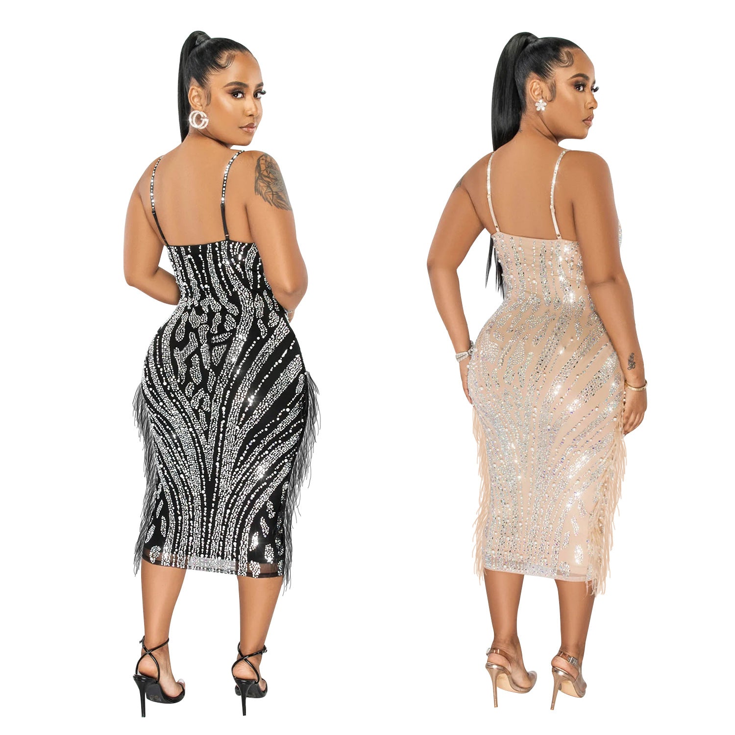 Women's Fashion Solid Color Camisole Sleeveless Mesh Beaded Maxi Dress 5