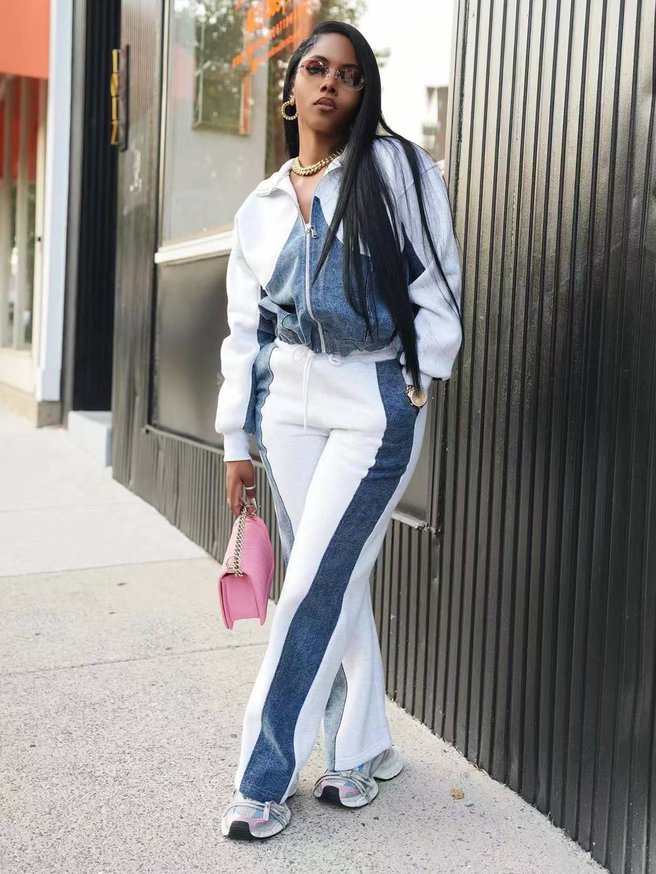 Women Fall/Winter Denim Patchwork Jacket Trousers Two Piece Set 9