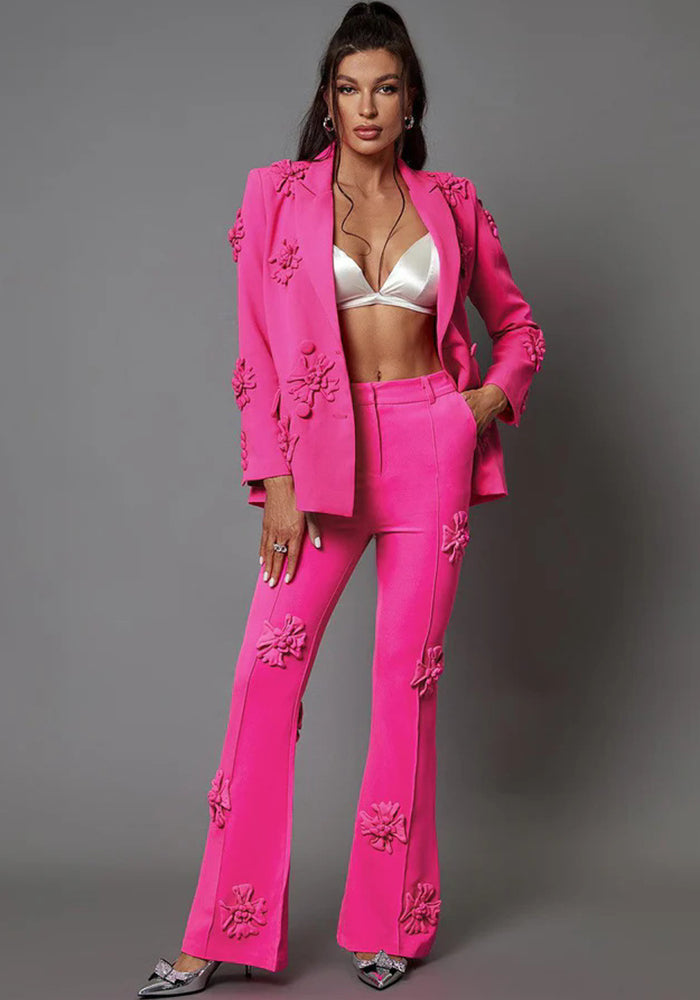 Autumn Women's Fashion Chic Career Turndown Collar Jacket + Pants Floral Set