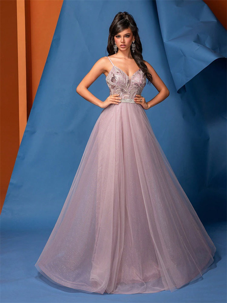 Women's Elegant A-Line Low Back Beaded Mesh Pink Sequin Strap Bridesmaid Formal Evening Dress 5