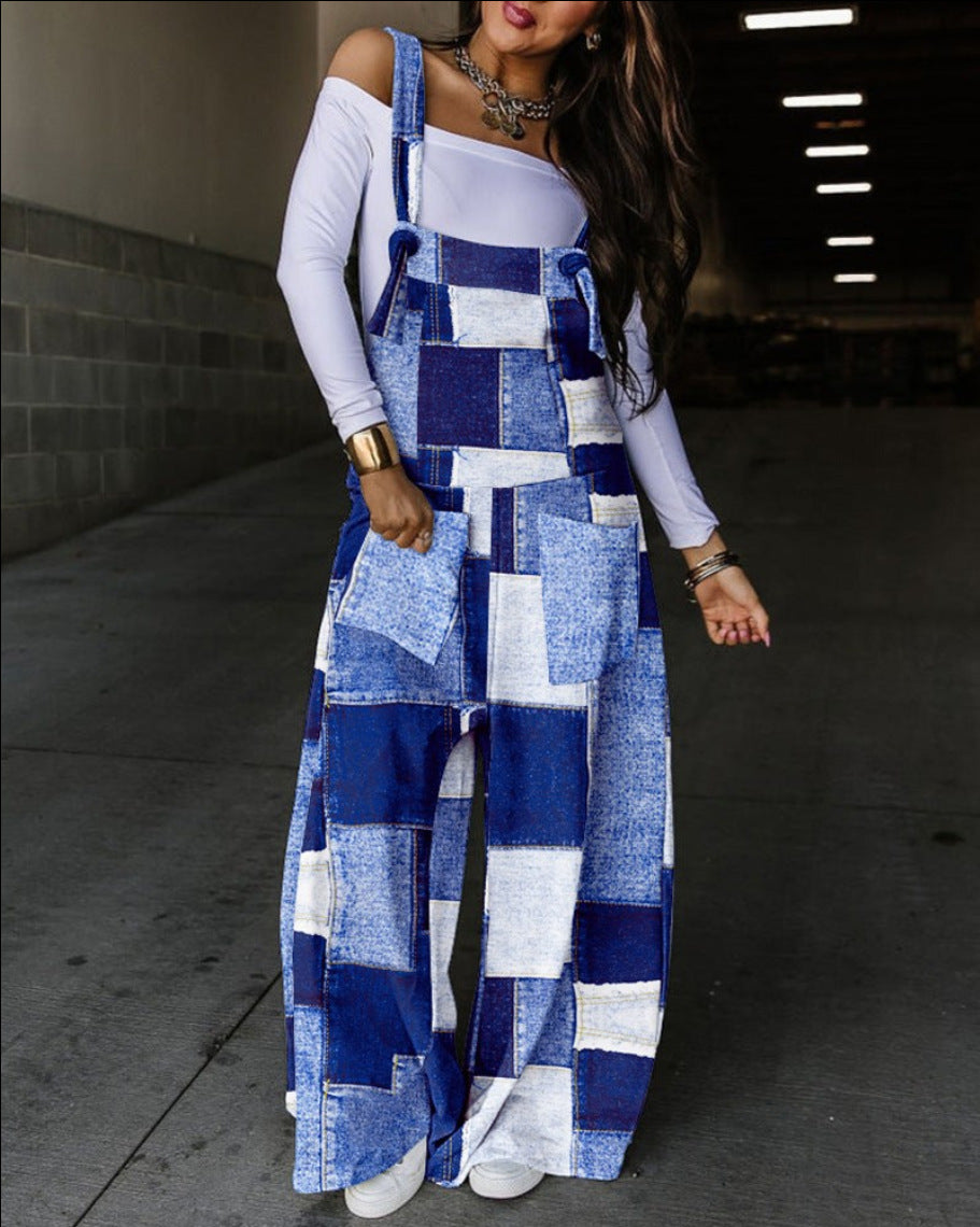 Women Fall Print Lace-Up Overalls 4