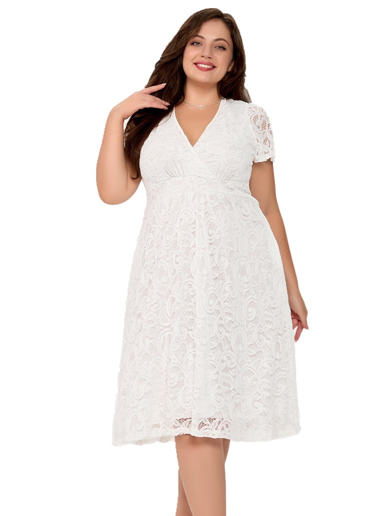 Plus Size Women short-sleeved v-neck lace pocket dress 4