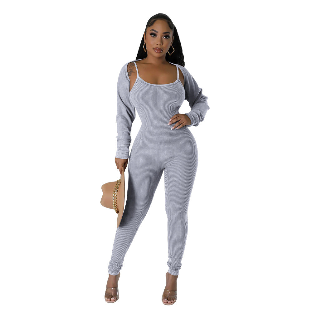 Women's Straps U Neck Sexy Tight Fitting Jumpsuit Long Sleeve Coat Two Piece Set 8