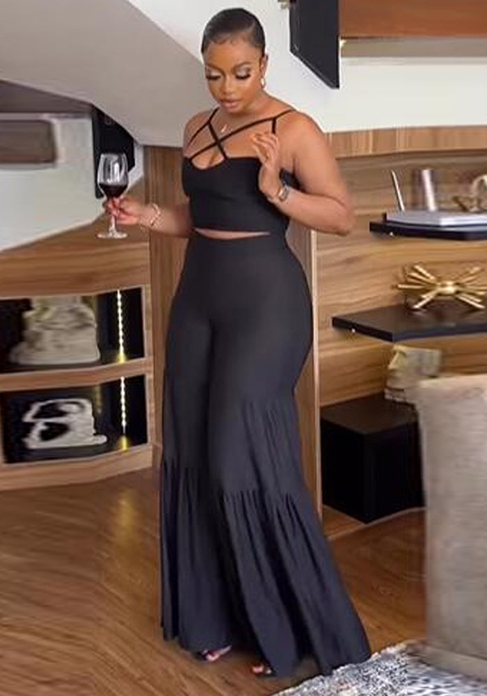 Sexy Slim Fit Solid Color Straps Tank Top Stretch Bell Bottom Pants Two-Piece Set
