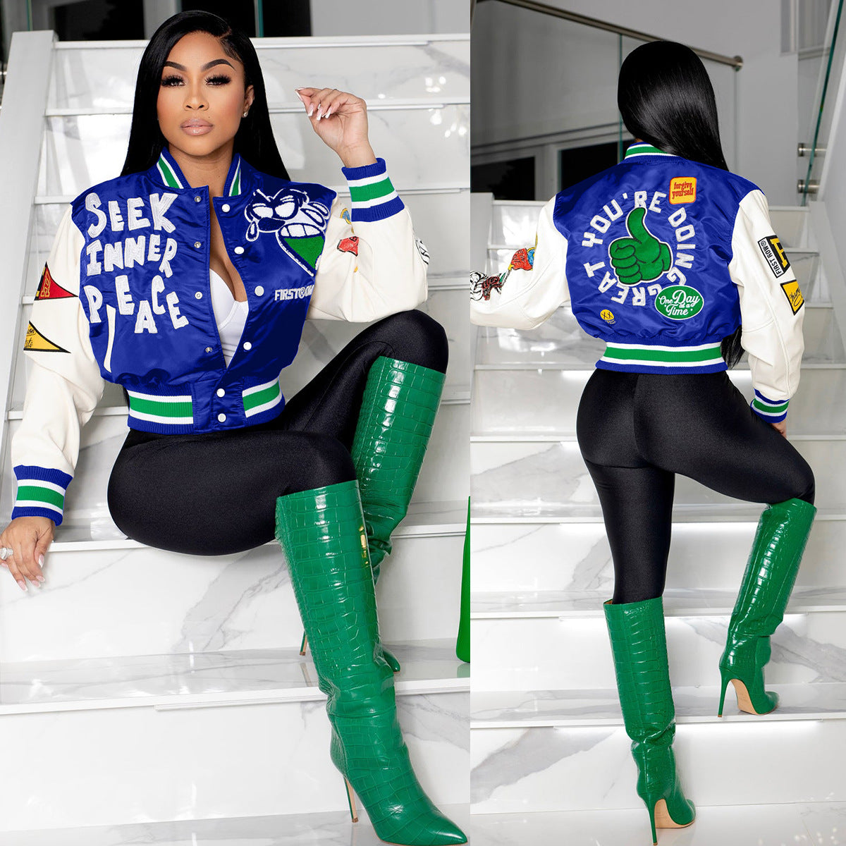 Positioning Print Ribbed Fashion Women's Top Baseball Jacket 3