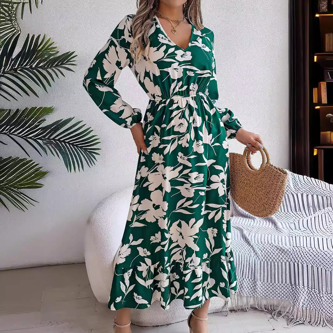 Autumn Winter Casual Flower Slim Waist Long Sleeve Women's Ruffle Midi Dress 7