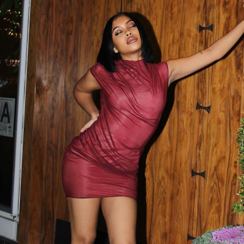 Women Round Neck Sexy See-Through Mesh Bodycon Dress 5