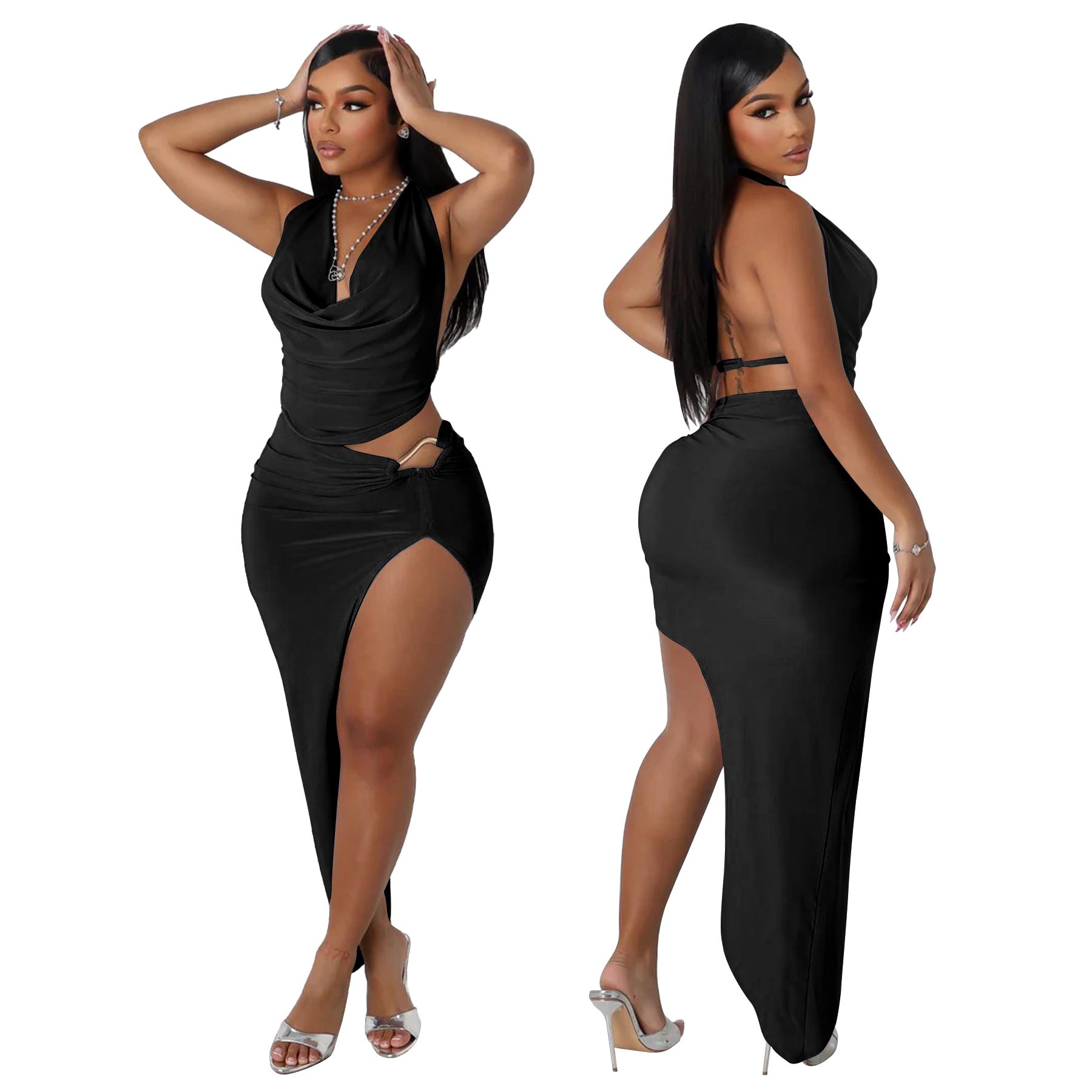 Women's Halter Neck Vest Sexy High-Slit Skirt Two Piece Set