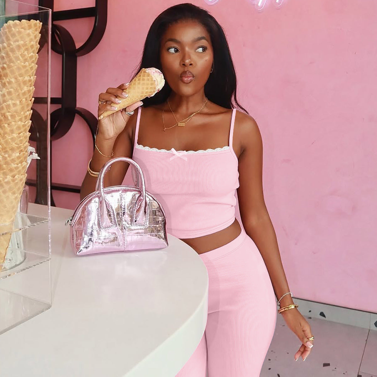 Women Spring Summer Lace Lace Suspender Top Shorts Two Piece Set 3