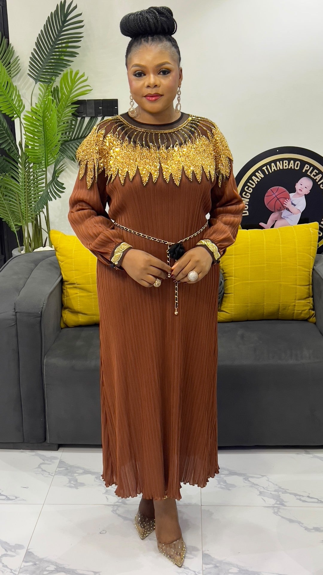 Luxury Sequin Cape Patch Slim Waist Pleated Loose Long Dress 7