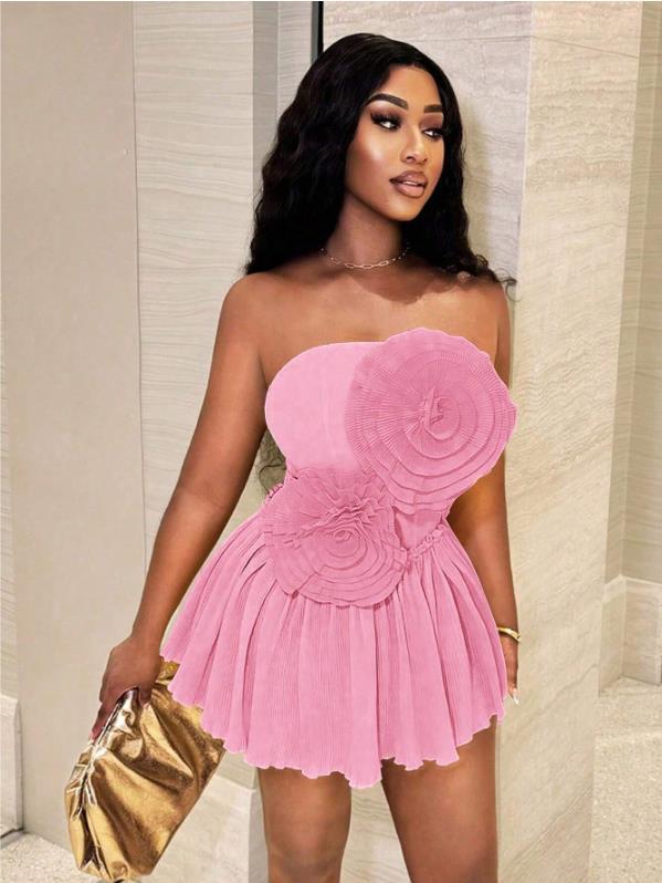 Summer Flower Embellished Strapless High-Waist A-Line Mini Dress 5